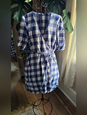 🐝🍯Old Navy Blue White Gingham Check Puff Sleeve Wrap Mini Dress XL